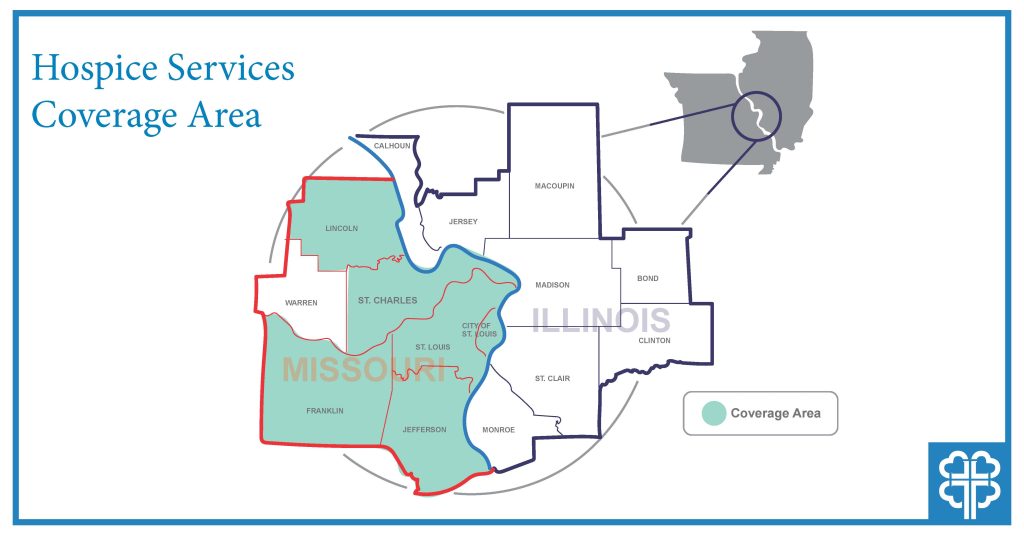 A map of the Hospice Service area in St. Louis City, St. Louis County, St. Charles County, Franklin County, Jefferson County and Lincoln County